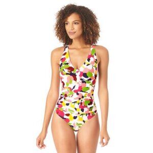 Anne Cole Women's Camo Petal V-Neck Shirred One Piece Swimsuit MO09163, Multi, 6